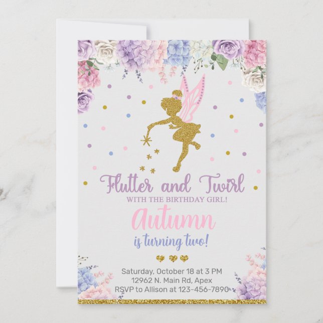 Fairy girl birthday invite, flowers gold any age. invitation (Front)