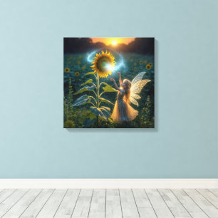 Fairy Girl Casting a Spell On a Sunflower Canvas Print