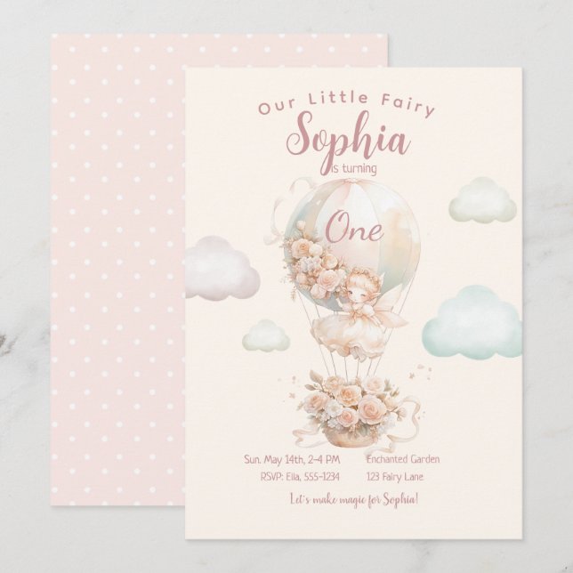 Fairy Girl Hot Air Balloon First Birthday Invitation (Front/Back)