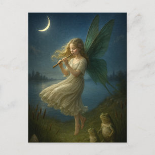 Fairy Girl Playing A Flute To Frogs In Moonlight Postcard