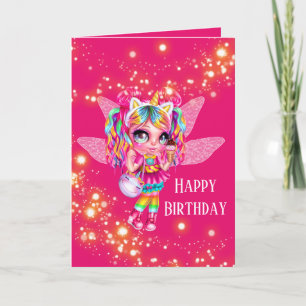 Fairy girl rainbow anime magic sparkle birthday card
