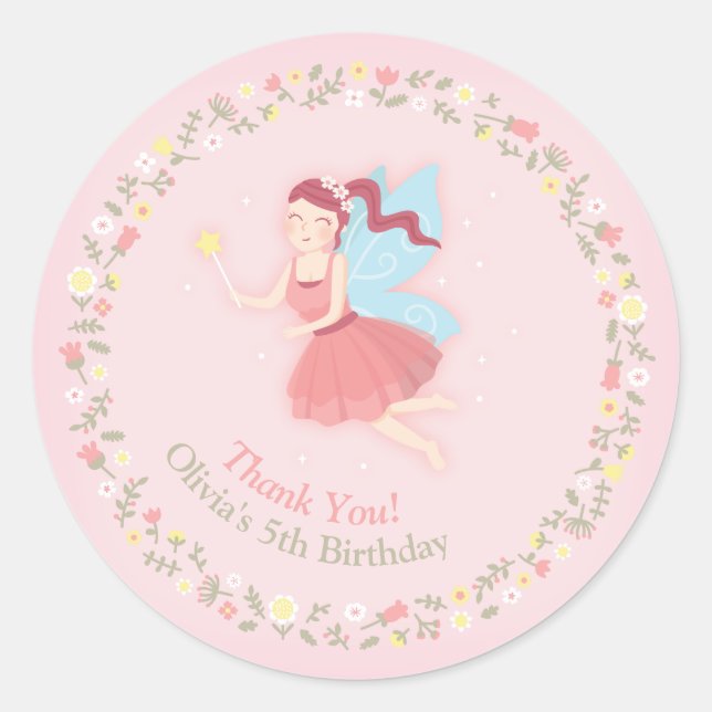 Fairy Girl Spring Floral Pink Thank You Sticker (Front)