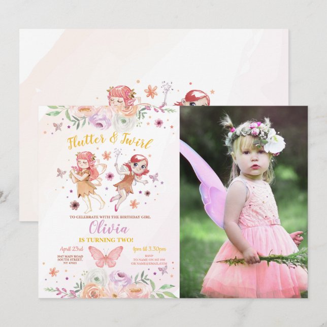 Fairy Girl's Birthday Party Fairies Photo Invitation (Front/Back)