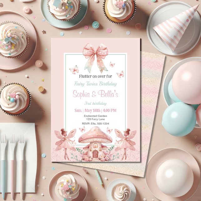 Fairy Girls Mushroom House Ribbon Twins Birthday Invitation (Creator Uploaded)