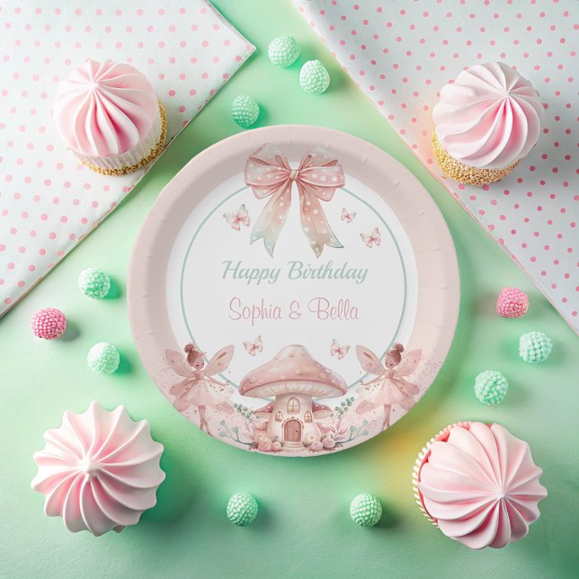 Fairy Girls Mushroom House Ribbon Twins Birthday Paper Plate (Creator Uploaded)