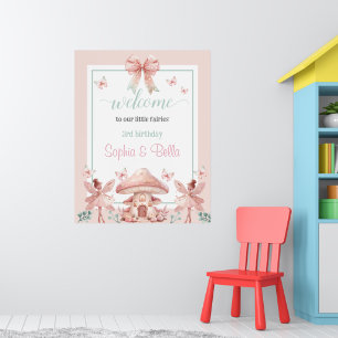 Fairy Girls Mushroom House Ribbon Twins Birthday Poster
