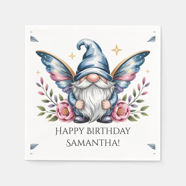 Fairy Gnome and Rose with Custom Text Napkin (Front)