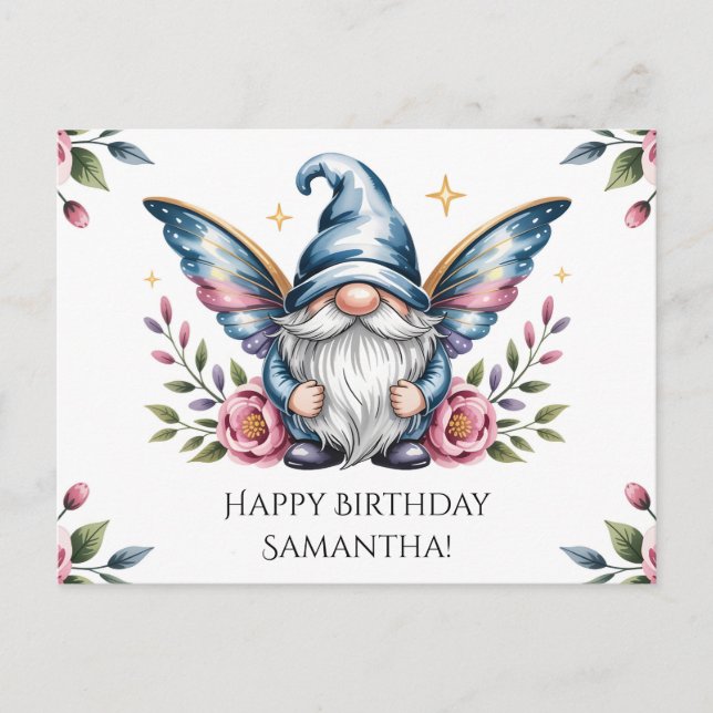 Fairy Gnome and Rose with Custom Text Postcard (Front)
