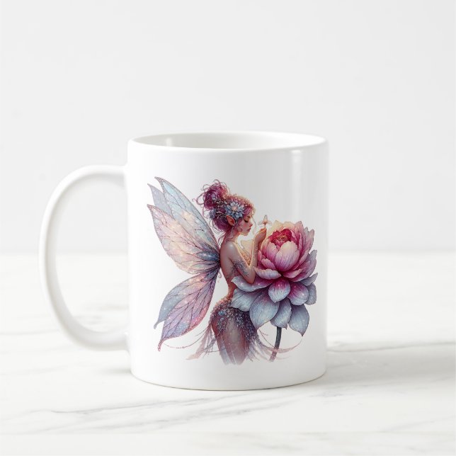 Fairy Holding an Over-sized Flower Personalised Coffee Mug (Left)