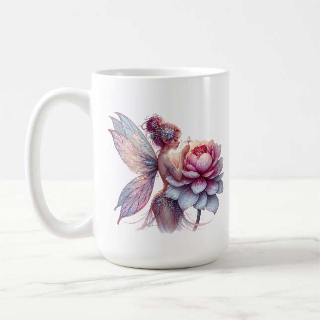 Fairy Holding an Over-sized Flower Personalised Coffee Mug (Left)