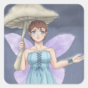 Fairy Holding Mushroom Umbrella in the Rain Square Sticker