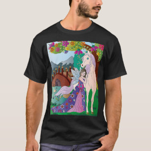 Fairy hugging unicorn in front of arched bridge T-Shirt