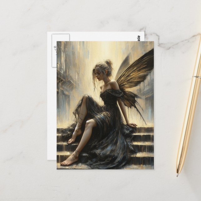 Fairy in a black and gold dress sitting on stairs postcard (Front/Back In Situ)