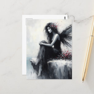 Fairy in a black dress sitting on cliff edge postcard