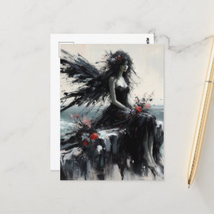 Fairy in a black dress sitting on seaside cliff  postcard