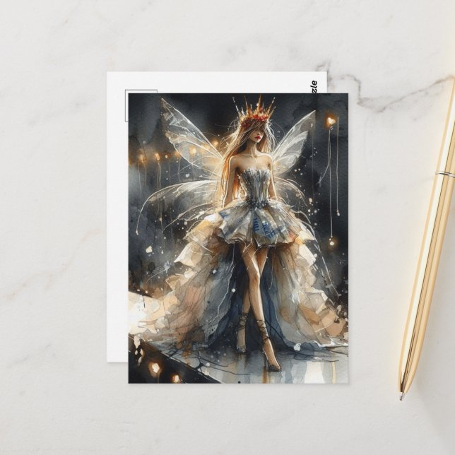 Fairy in a Fashion Show Dress Made From Newspapers Postcard (Front/Back In Situ)
