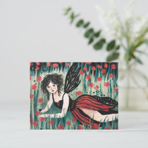 Fairy in a flower meadow watercolor postcard