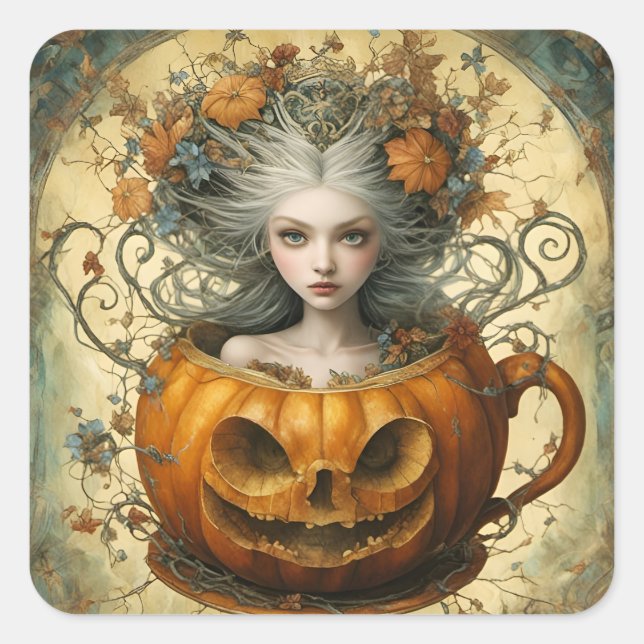 Fairy in a Jack O Lantern Mug Square Sticker (Front)