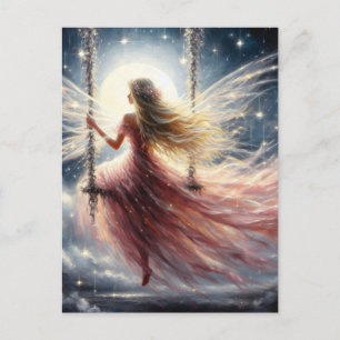 Fairy in a Pink Dress on a Swing Fantasy Art Postcard