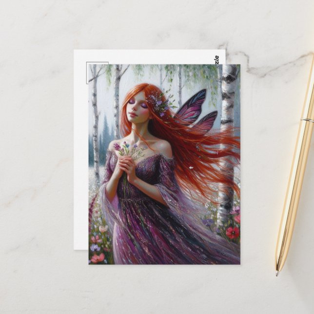 Fairy in a purple dress in Birch Spring Forest Postcard (Front/Back In Situ)