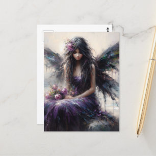 Fairy in a purple dress sitting on seaside cliff postcard