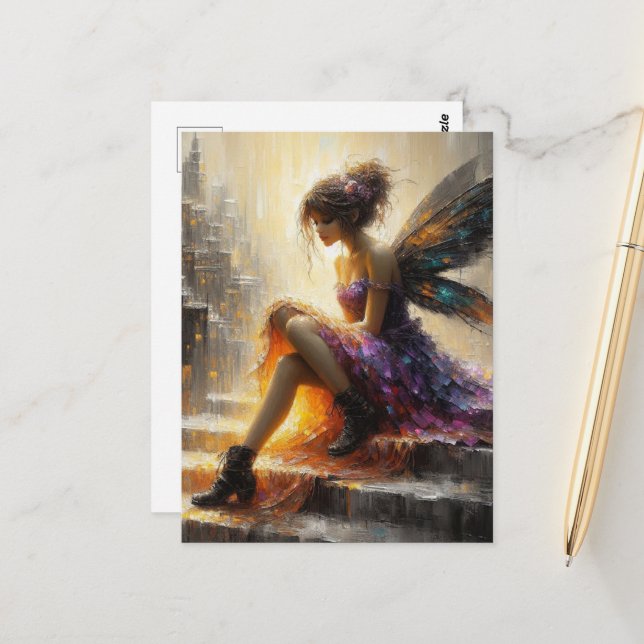 Fairy in a purple dress sitting on stairs in city postcard (Front/Back In Situ)