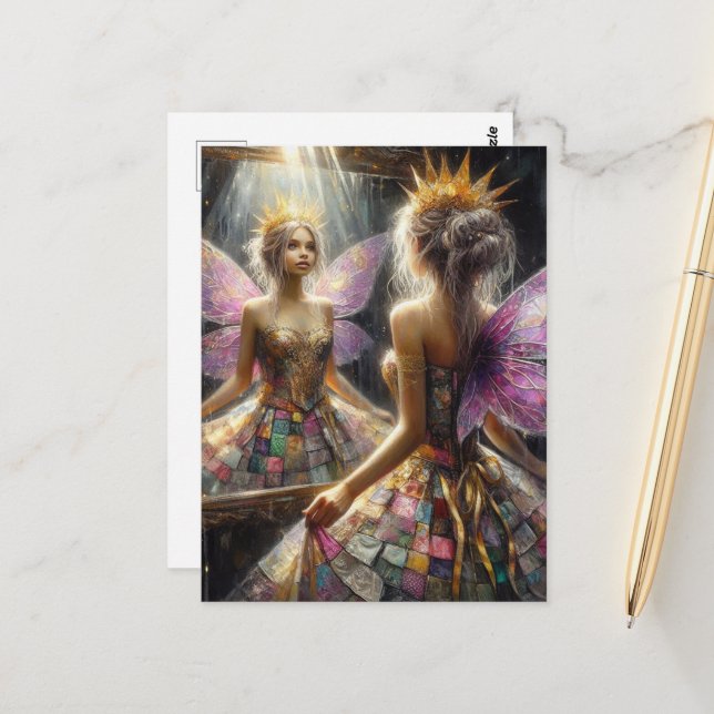 Fairy in a Quilted Dress Looks in Mirror at Dress Postcard (Front/Back In Situ)
