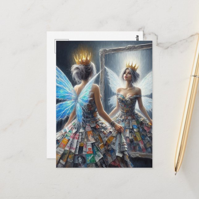 Fairy in a Recycled Dress Looks in Mirror Postcard (Front/Back In Situ)
