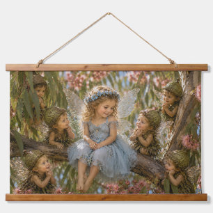 Fairy in Blue Dress with Gumnut Fairy Babies Hanging Tapestry