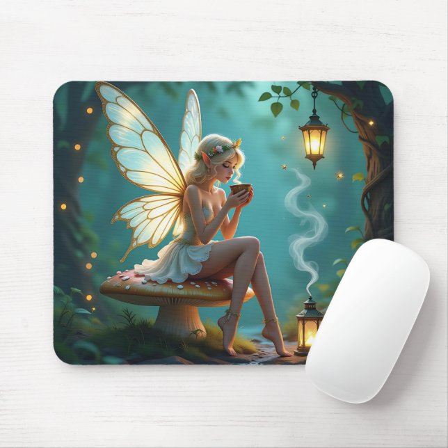 Fairy in Enchanted Forest Drinking Coffee Mouse Mat (With Mouse)