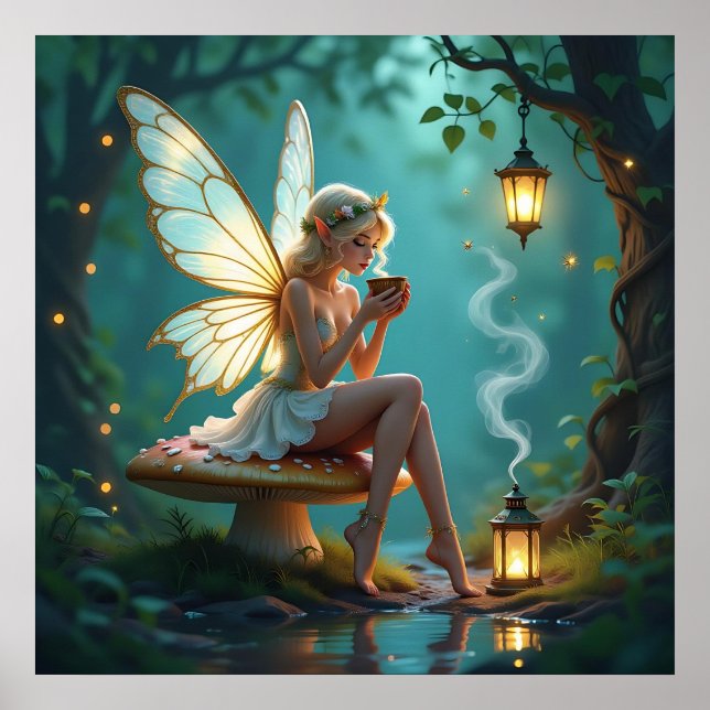 Fairy in Enchanted Forest Drinking Coffee Poster (Front)