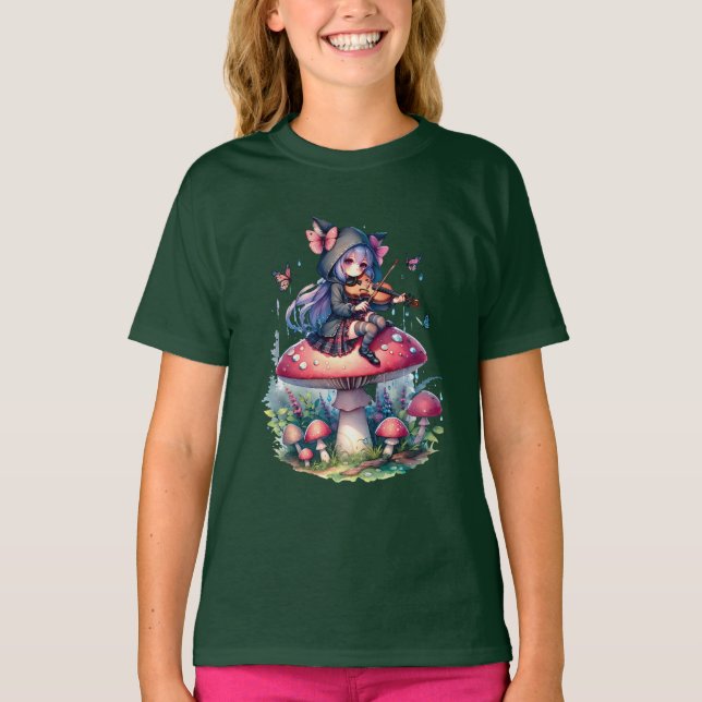 Fairy in Hoodie Playing Viola on a Mushroom  T-Shirt (Front)