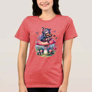 Fairy in Hoodie Playing Viola on a Mushroom  Tri-Blend Shirt