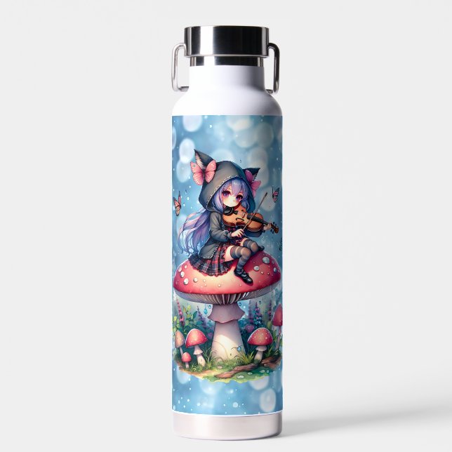 Fairy in Hoodie Playing Viola on a Mushroom  Water Bottle (Front)