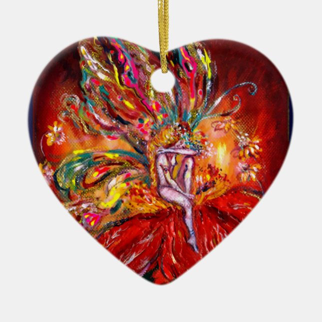 FAIRY IN RED VIBRANT RUBY HEART CERAMIC TREE DECORATION (Front)