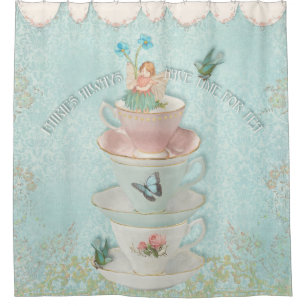 Fairy in Stacked Teacups w Birds Little Girl Decor Shower Curtain
