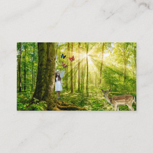 Fairy in the magic forest with Bambi and butterfly Business Card (Front)