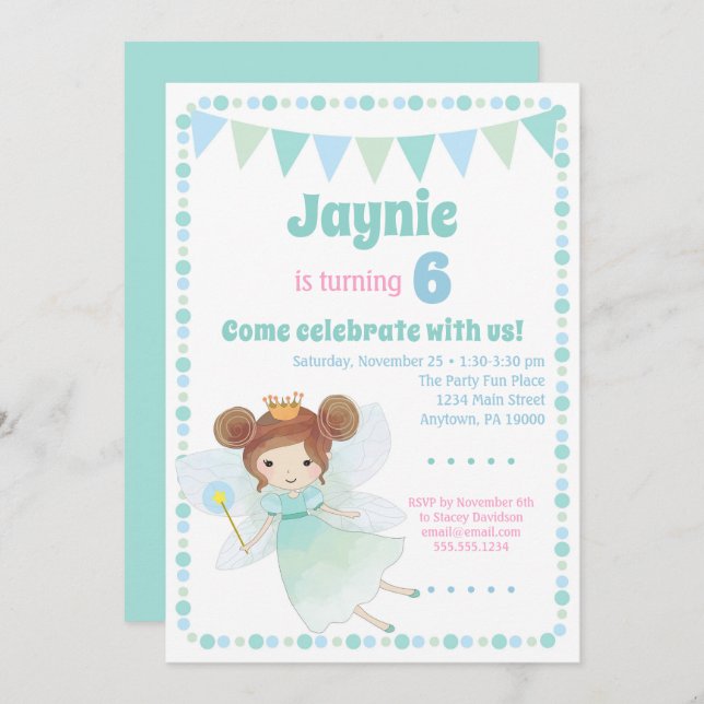 Fairy Invitation Brunette Girls Birthday Party (Front/Back)
