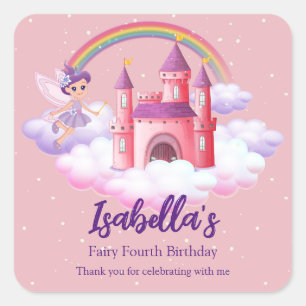Fairy Kid's Birthday Fairytale Castle Rainbow  Square Sticker
