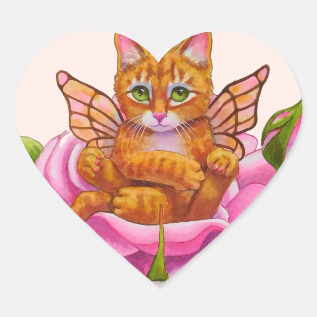 Fairy Kitten Resting in Rose Heart Sticker (Front)