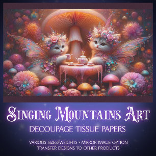 Fairy Kittens' Mushroom Tea Fantasy Art Decoupage Tissue Paper