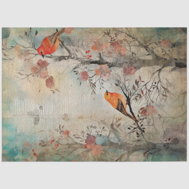 Fairy Land Spring Forest Orange Birds Tissue Paper (Front)