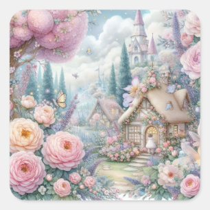Fairy land with flowers watercolor  square sticker