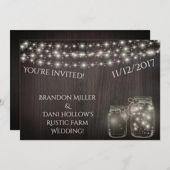 Fairy Lights and Mason Jars Over Wood Invitations (Front/Back)