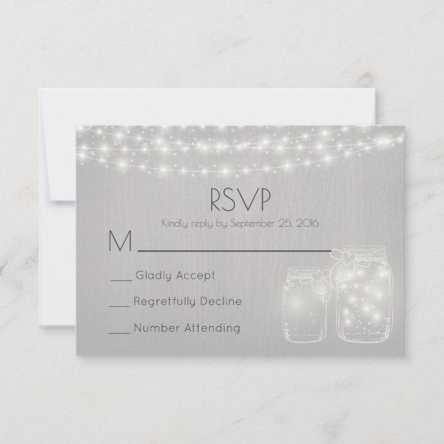 Fairy Lights And Mason Jars Rustic Wedding RSVP (Front)