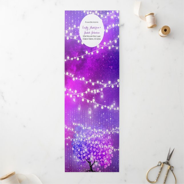 Fairy Lights Elegant Plum Pink Heart Leaf Wedding Tri-Fold Invitation (Outside)