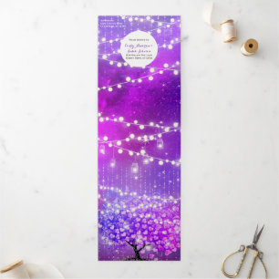 Fairy Lights Elegant Plum Pink Heart Leaf Wedding Tri-Fold Invitation
