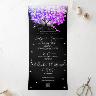 Fairy Lights Elegant Plum Pink Heart Leaf Wedding Tri-Fold Invitation