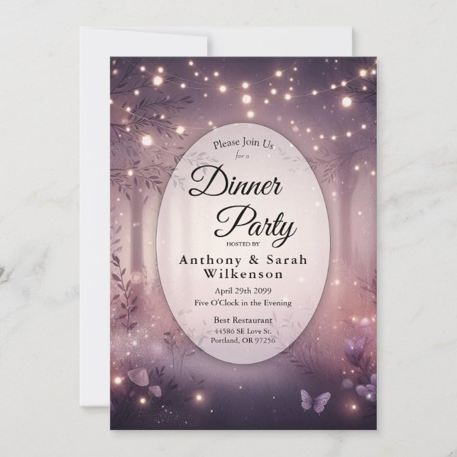Fairy Lights in Woodland Glow Restaurant Dinner Invitation (Front)