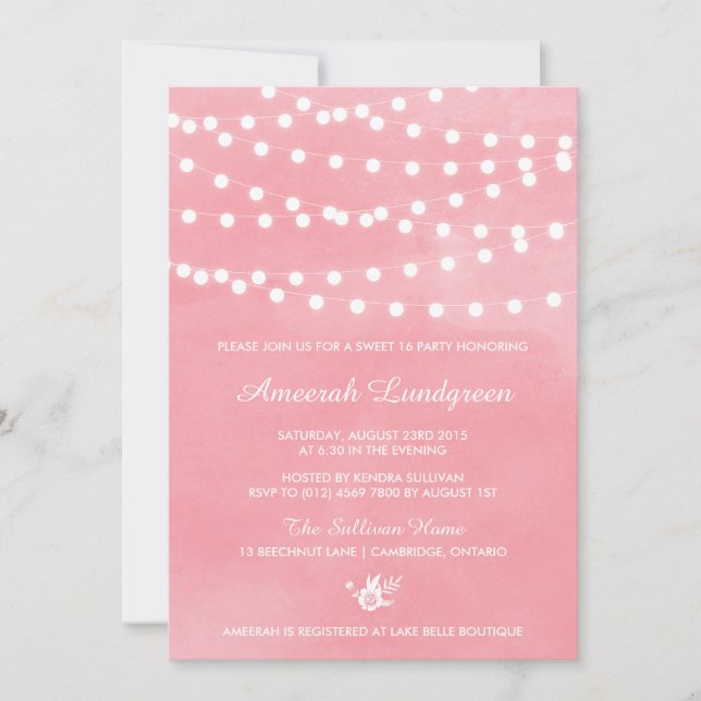 Fairy Lights Pink Sweet Sixteen Party Invitation (Front)